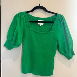 Pink Rose Green Puff Sleeve Ribbed Knit Top Cottagecore Coquette